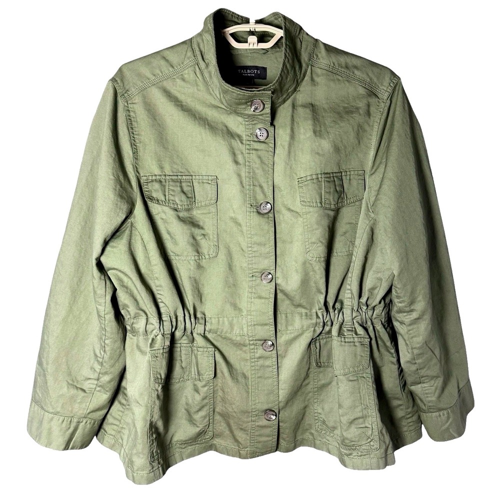 TALBOTS Army Green FIELD UTILITY JACKET Cotton/Linen/Tencel CINCHED WAIST sz XS